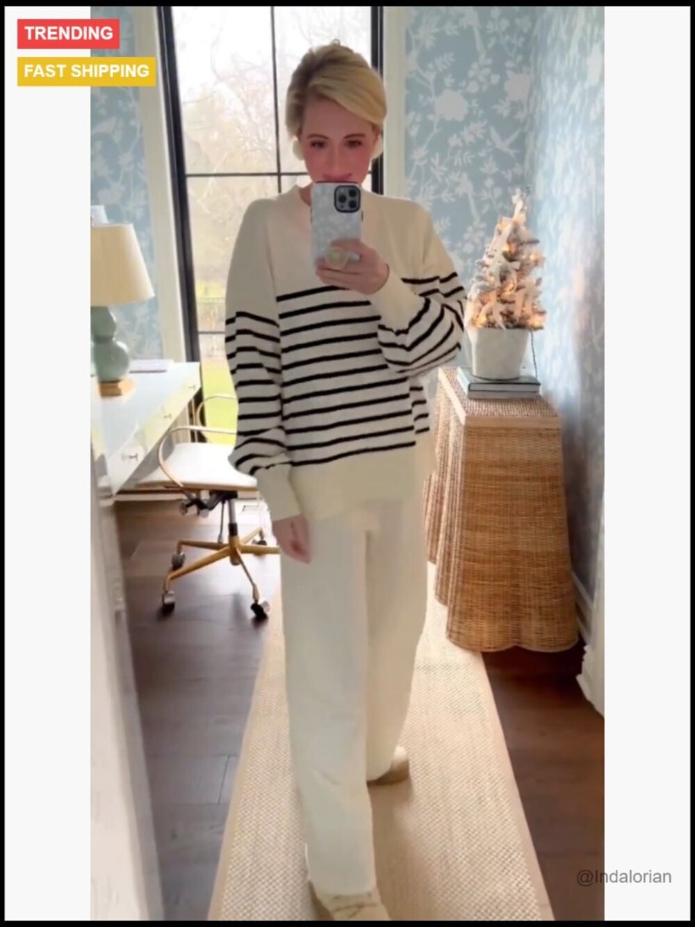 Polyester Lounge Set with Knitted Sweater Top and Wide Leg Sweatpants - Picture 5 of 6